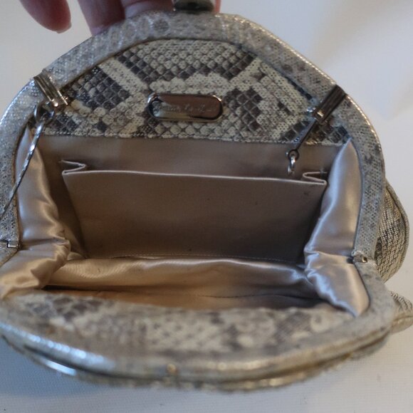 Womens Finesse La Model Silver Gray Cream Python Leather Clutch Handbag - Picture 9 of 14